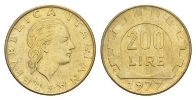 Италия 200 лир 1977 R, шестерня KM 105 алюминиевая бронза 4556-335