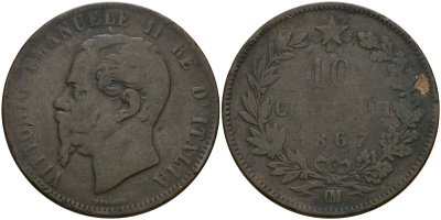 Италия 10 чентезимо 1867 OM, Виктор Эммануил II (1861-1878) KM 11.5 медь 08-825