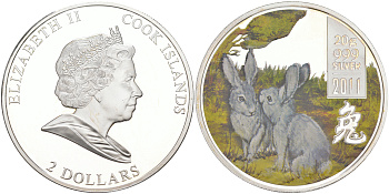 Острова Кука 2 доллара 2011 год Кролика, два серых кролика, цветная эмаль KM NEW серебро PROOF 1074-1-63