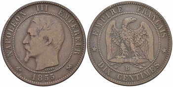 ФРАНЦИЯ 10 САНТИМОВ 1855 B, НАПОЛЕОН III (1852-1870) KM 771.2, LE FRANC 133.21 бронза 38-1131