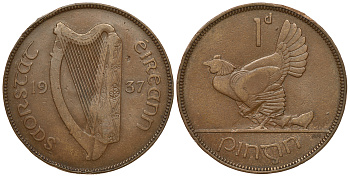 ИРЛАНДИЯ 1 ПЕННИ 1937 КУРИЦА С ЦЫПЛЯТАМИ KM 3 бронза 4389-712