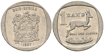 ЮАР 1 ранд 1997 KM 164 медь плакированная медно-никелем 4611-529
