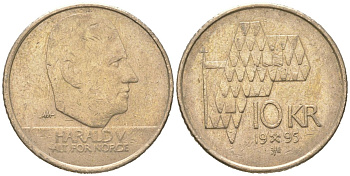 Норвегия 10 крон 1995 Харальд V (1991-) KM 457 никель латунь 4364-3516