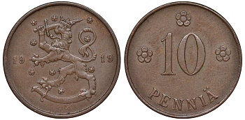 Финляндия 10 пенни 1919 KM 24 медь 45-1025