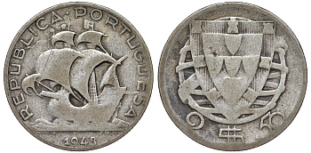 ПОРТУГАЛИЯ 2,50 ЭСКУДО 1943 KM 590 серебро 4178-332