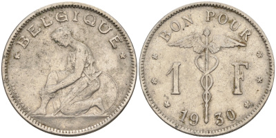 Бельгия 1 франк 1930 BELGIQUE KM 89 никель 4592-515
