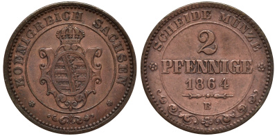 Саксония 2 пфеннига 1864 В, Иоганн (1854-1873) KM 1217, Jaeger 121, AKS 155 медь 75-162