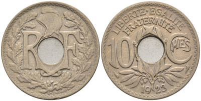 Франция 10 сантимов 1923 тип Линдайё KM 866а медно-никель 4116-451