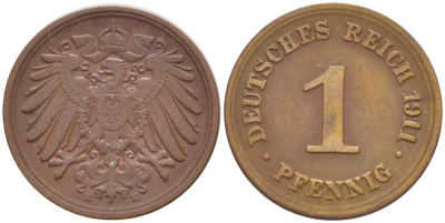 ГЕРМАНИЯ 1 ПФЕННИГ 1911 E KM 10, J. 10, Weege 2 медь 211-446