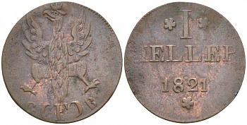 Франкфурт 1 геллер 1821 GB AKS 30, Jaeger 10, KM 301 медь 73-627