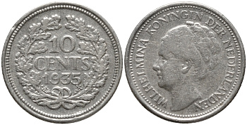 Нидерланды 10 центов 1935 Вильгельмина I (1890-1948) КМ 163 серебро 4387-845