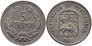 Венесуэла 5 сентимо 1965 KM 38.2 медно-никель 4392-919