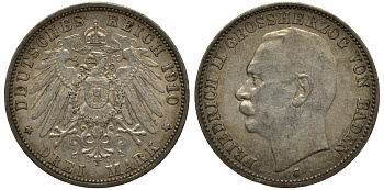 Баден 3 марки 1911 Фридрих II (1907-1918) J. 39, KM 280 серебро    3711-1645