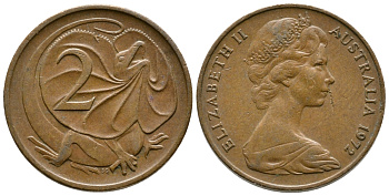 АВСТРАЛИЯ 2 ЦЕНТА 1972 ЕЛИЗАВЕТА II, МОЛОДОЙ ПОРТРЕТ, ПЛАЩЕНОСНАЯ ЯЩЕРИЦА (FRILLED LIZARD) KM 63 бронза 84-415