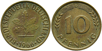 ФРГ 10 ПФЕННИГОВ 1966 G KM 108, J.383 сталь плакированная латунью 98-413