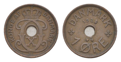 Дания 1 эре 1928 N, Кристиан X (1912-1947) KM 826 бронза 4658-143