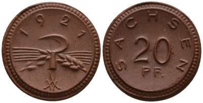 Саксония 20 пфеннигов 1921 колосья и серп J. N 53 фарфор UNC 1094-7-85