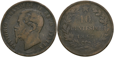 Италия 10 чентезимо 1867 H, Виктор Эммануил II (1861-1878) KM 11.3 медь 08-826