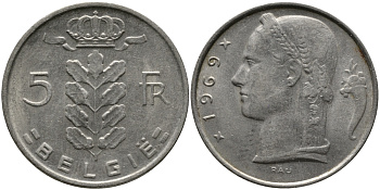 БЕЛЬГИЯ 5 ФРАНКОВ 1969 BELGIE KM 135.1 медно-никель 98-551