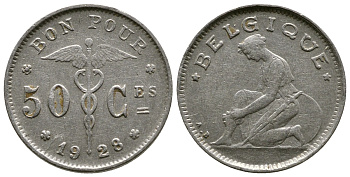 БЕЛЬГИЯ 50 САНТИМОВ 1928 BELGIQUE KM 87 никель 4385-665