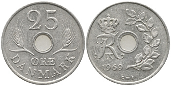 Дания 25 эре 1968 С;S, Фредерик IX (1947-1972) KM 855.1 медно-никель 34-526