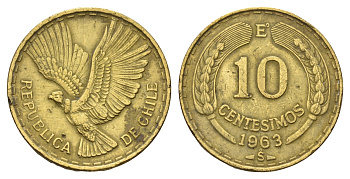 Чили 10 сентесимо 1963 KM 191 алюминиевая бронза 117-1146
