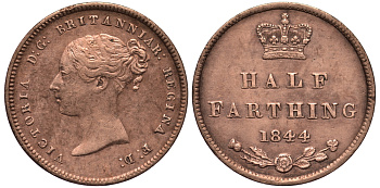 Великобритания 1/2 фартинга 1844 Виктория (1837-1901) KM 738, Spink 3951 медь 1528-915
