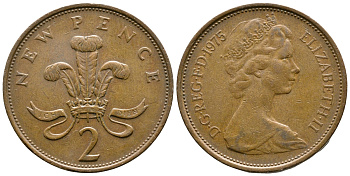 Великобритания 2 пенса 1975 Елизавета II (1952-2022) KM 916, Spink 4235 (C1) бронза 89-1155