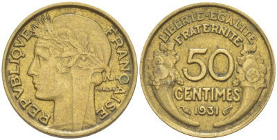 ФРАНЦИЯ 50 САНТИМОВ 1931 ТИП MORLON KM 894.1, LE FRANC 192.3 алюминиевая бронза 3309-147