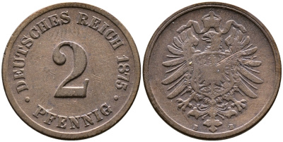 Германия 2 пфеннига 1875 B, старогербовка KM 2, J.2 медь 3458-1146