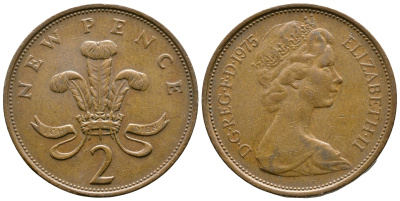 Великобритания 2 пенса 1975 Елизавета II (1952-2022) KM 916, Spink 4235 (C1) бронза 89-1155