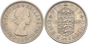 Великобритания 1 шиллинг 1963 Елизавета II (1952-2022), Английский герб KM 904, Spink 4147 медно-никель 4116-843