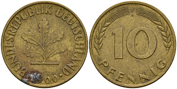 ФРГ 10 пфеннигов 1966 F J. 383, KM 108 сталь плакированная латунью    4603-325
