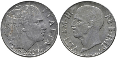 ИТАЛИЯ 20 ЧЕНТЕЗИМО 1941 R, ВИКТОР ИМАНУИЛ, XXII ГОД, МАГНИТНАЯ KM 75b нержавеющая сталь 86-1211