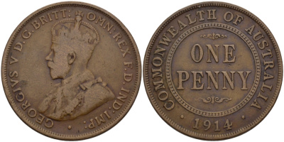АВСТРАЛИЯ 1 ПЕННИ 1914 ГЕОРГ V KM 23 бронза 82-644