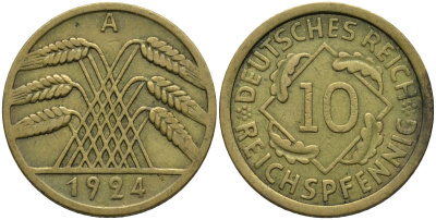 Германия 10 рейхспфеннигов 1924 A KM 40 алюминиевая бронза 4171-322