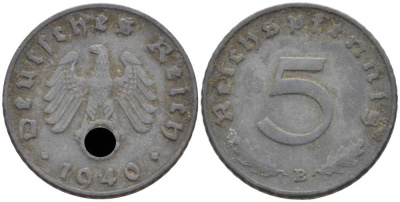ГЕРМАНИЯ 5 РЕЙХСПФЕННИГОВ 1940 B KM 100, J. 370 цинк 105-232