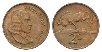 ЮАР 2 цента 1969 Ян ван Рибек (1619-1677), Suid Africa, легенда на африкаанс, антилопа гну KM 66.2 бронза 4122-216