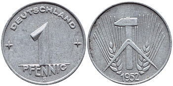 ГДР 1 ПФЕННИГ 1952 Е KM 5 алюминий 4398-745