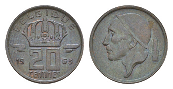 Бельгия 20 сантимов 1963 Belgique, Бодуэн I (1951-1993) KM 146 бронза 4639-717