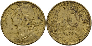 Франция 10 сантимов 1970 KM 929 алюминиевая бронза 4154-1067