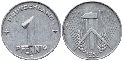 ГДР 1 ПФЕННИГ 1952 Е KM 5 алюминий 4398-745
