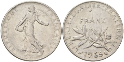 Франция 1 франк 1965 сеятель KM 925.1, Le Franc 226.9 никель 4159-952