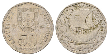Португалия 50 эскудо 1989 парусник KM 636 медно-никель 4137-541