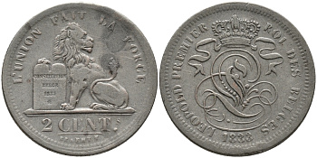 БЕЛЬГИЯ 2 САНТИМА 1833 BELGES KM 4.1 медь 95-643