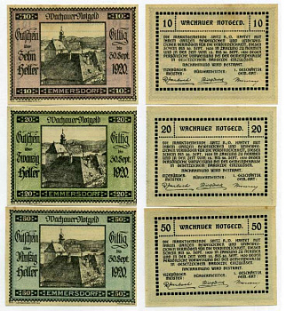 Австрия, Эммерсдорф-ан-дер-Донау набор из 3 банкнот 10, 20, 50 геллеров 1920 30 сентября 1920, нотгельд, ярмарочная коммуна, земля Нижняя Австрия   бумага  UNC (пресс) 7555-29-3-1