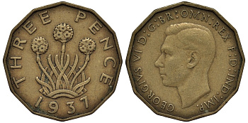 Великобритания 3 пенса 1937 Георг VI (1936-1952) KM 849, Spink 4112 никель латунь 4538-1056