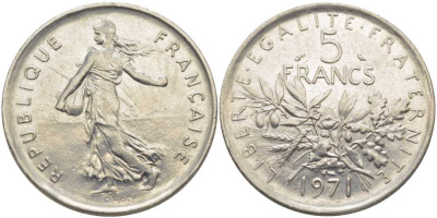 Франция 5 франков 1971 сеятель KM 926a.1, Le Franc 341.3 медно-никель плакированный никелем 111-1134