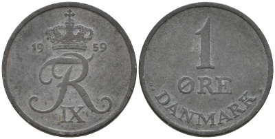 Дания 1 эре 1959 C.S, Фредерик IX (1947-1972) KM 839.2 цинк    4596-315