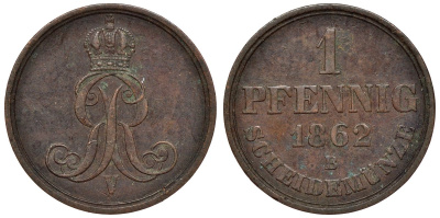 Ганновер 1 пфенниг 1862 B, Георг V KM 233, AKS 156, J. 90 медь 4594-468